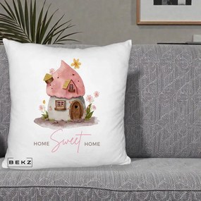 Perna Decorativa Home Sweet Home Casuta, 40x40 cm, Alb Pufos, Husa Detasabila, Perna Inclusa, BEKZ®