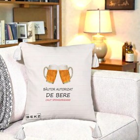 Perna Decorativa Bautor Autorizat de Bere, 40x40 cm, Bej cu Franjuri, Husa Detasabila, Perna Inclusa, BEKZ®