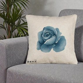 Perna Decorativa Trandafir Albastru Acuarela, 40x40 cm, Bej Canapea, Husa Detasabila, Perna Inclusa, BEKZ®