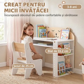 AIYAPLAY Set masă copii cu scaun, rafturi laterale, compartiment depozitare, 3-8 ani, model ursuleț, alb | Aosom Romania