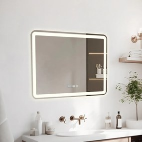 Oglindă baie, Multifuncțională, Iluminare LED Touch, Sistem Dezaburire, Ceas electronic încorporat, Indicator Temperatura, 100x70 cm