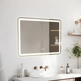 Oglindă baie, Multifuncțională, Iluminare LED Touch, Sistem Dezaburire, Ceas electronic încorporat, Indicator Temperatura, 100x70 cm