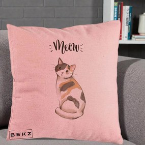 Perna Personalizata Pisica Meow Acuarela, 40x40 cm, Roz, Husa Detasabila, Perna Inclusa, BEKZ®