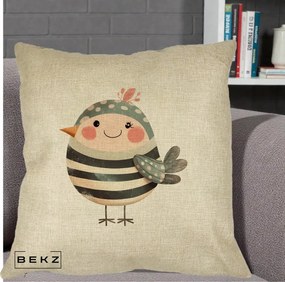 Perna Decorativa Pui Kawaii Teal cu Flori, 40x40 cm, Crem, Husa Detasabila, Perna Inclusa, BEKZ®