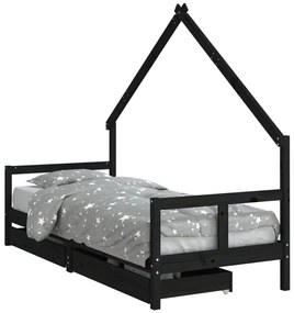 834551 vidaXL Cadru pat copii cu sertare, negru, 80x200 cm, lemn masiv de pin