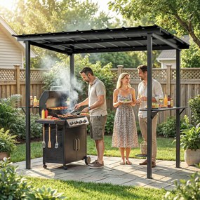 Outsunny Pavilion pentru grătar 2,71 x 1,82 m pavilion de grădină cu acoperiș înclinat, rafturi laterale, protecție UV 50+ Negru | Aosom Romania