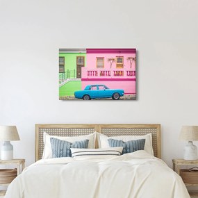 Tablou cu mașina - casele colorate (90x60 cm)