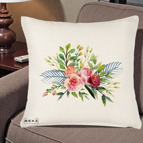 Perna Decorativa Buchet Flori Acuarela Roz-Verde, 40x40 cm, Crem Reliefat, Husa Detasabila, Perna Inclusa, BEKZ®