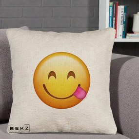 Perna Decorativa Emoji Limba Scoasa, 40x40 cm, Bej Canapea, Husa Detasabila, Perna Inclusa, BEKZ®