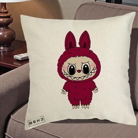 Perna Personalizata Labubu Rosu-Visiniu Solo, 40x40 cm, Ecru, Husa Detasabila, Perna Inclusa, BEKZ®
