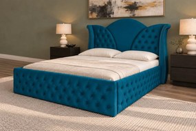 Pat tapițat Chesterfield din catifea Velora Deluxe Classic 160×200 cm, turcoaz, cu ladă de depozitare