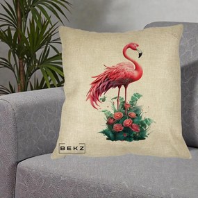 Perna Decorativa Flamingo cu Trandafiri Tropicali, 40x40 cm, Crem, Husa Detasabila, Perna Inclusa, BEKZ®