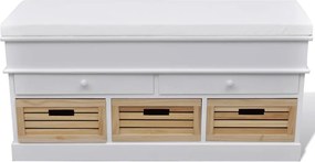 vidaXL Bancă albă de intrare, cu depozitare și pernă, 2 sertare, 3 coșuri