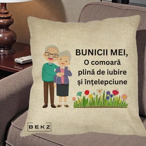 Cadou pentru Bunici - Perna Personalizata Bunicii Mei Comoara Cuplu Senior cu Flori Colorat, 40x40 cm, Crem, Husa Detasabila, Perna Inclusa, BEKZ®