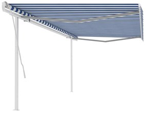 vidaXL Copertină retractabilă manual, cu stâlpi, albastru &amp; alb, 5x3 m