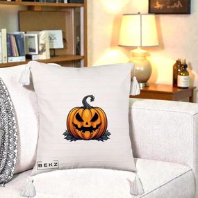 Perna Decorativa Halloween Jack-o'-Lantern Infricosator, 40x40 cm, Bej cu Franjuri, Husa Detasabila, Perna Inclusa, BEKZ®