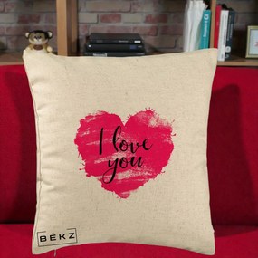 Cadou Romantic - Perna Personalizata I Love You Inima Roz, 40x40 cm, Bej, Husa Detasabila, Perna Inclusa, BEKZ®