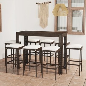 Set mobilier bar de gradina cu perne, 9 piese, maro, poliratan Maro, Lungime masa 140.5 cm, 9, Da