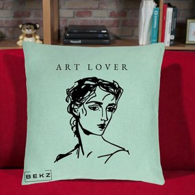 Perna Decorativa Art Lover Portret Grafic, 40x40 cm, Verde Menta, Husa Detasabila, Perna Inclusa, BEKZ®