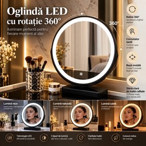 Set GALA — Masă de Toaletă pentru Machiaj cu Oglindă iluminată LED, 3 culori, Control Touch, Comodă cu iluminare LED intre sertare, Taburet, Alb
