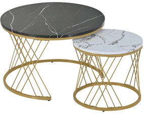 Set de Măsuțe de Cafea Moderne cu Îmbinare, Măsuțe cu Finisaj Efect de Marmură și Structură Metalică Aurie, 70x70x45 cm și 45x45x40 cm, Negru