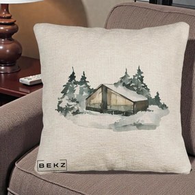 Perna Decorativa Cabana de Iarna in Padure, 40x40 cm, Bej Canapea, Husa Detasabila, Perna Inclusa, BEKZ®