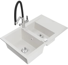 Mexen Gaspar Chiuvetă de granit de 1,5 compartiment cu picurător și baterie de bucătărie Duo, Albă - 6507-20-671701-07