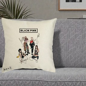 Perna Personalizata K-pop BLACKPINK Fotografie Grup Autografe Toate Membre, 40x40 cm, Ecru, Husa Detasabila, Perna Inclusa, BEKZ®