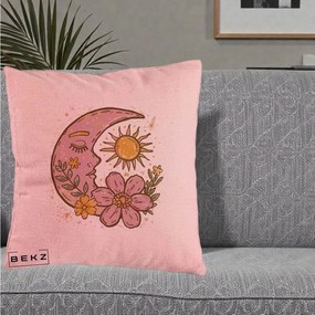 Perna Personalizata Luna si Soare Floral Boho, 40x40 cm, Roz, Husa Detasabila, Perna Inclusa, BEKZ®