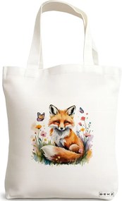 Sacosa de Panza pentru Cumparaturi, Geanta Tote, model Foxy and flowers 38 x 34.5 cm, Alba, BEKZ®