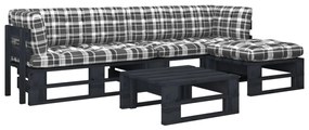 3066806 vidaXL Set mobilier paleți cu perne, 4 piese, negru, lemn pin tratat