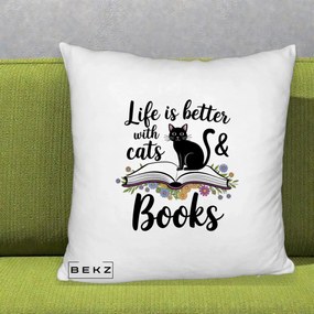 Perna Personalizata Life is Better Cats and Books, 40x40 cm, Alb Pufos, Husa Detasabila, Perna Inclusa, BEKZ®