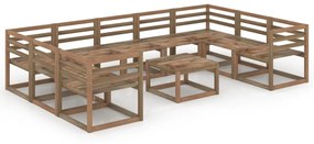Set mobilier de gradina, 10 piese, maro, lemn de pin tratat 4x colt + 5x mijloc + masa, 1