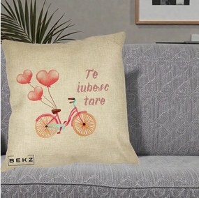 Perna Decorativa Te Iubesc Tare cu Bicicleta Roz si Baloane Inima, 40x40 cm, Crem, Husa Detasabila, Perna Inclusa, BEKZ®