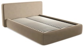 Pat matrimonial maro deschis tapițat cu spațiu de depozitare cu somieră 140x200 cm Kiana – Makamii