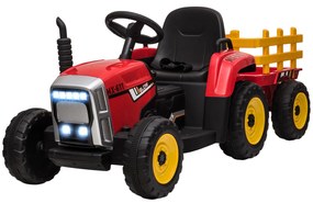 Tractor electric pentru copii cu remorcă detașabilă, baterie reîncărcabilă 12V cu telecomandă, lumini, pentru 3-6 ani, roșu HOMCOM | Aosom Romania