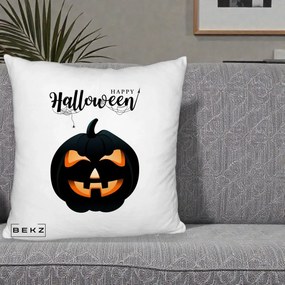 Perna Decorativa Happy Halloween Dovleac Negru cu Paianjen, 40x40 cm, Alb Pufos, Husa Detasabila, Perna Inclusa, BEKZ®