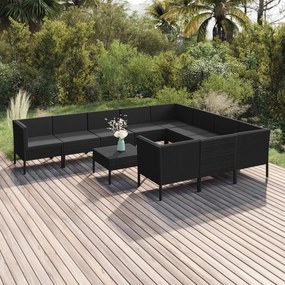 Set mobilier de gradina cu perne, 11 piese, negru, poliratan 4x colt + 6x mijloc + masa, 1