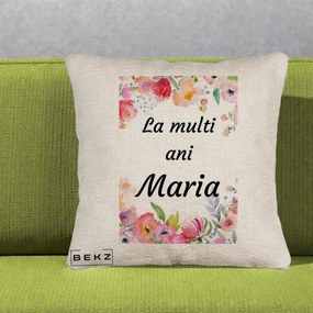 Cadou de Onomastica - Perna Personalizata La Multi Ani Maria Flori Acuarela, 40x40 cm, Bej Canapea, Husa Detasabila, Perna Inclusa, BEKZ®