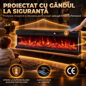 HOMCOM Șemineu electric de podea/încorporabil, pe 3 laturi, cu telecomandă, 750/1500 W, efect flacără 3D, 12 culori, 5 niveluri de luminozitate | Aosom Romania