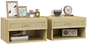 HOMCOM Set de 2 Noptiere Plutitoare, Noptiere cu Sertar din Ratan și Raft Deschis pentru Dormitor, 40x34x23 cm, Lemn Natural | Aosom Romania