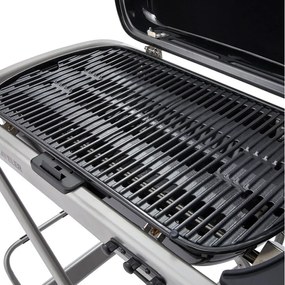Gratar portabil pe gaz Weber Traveler WB 9010075, 3.5 kW, 63.5x34.3 cm, Grill emailat, Arzator otel inoxidabil, 2 roti, Negru/Argintiu