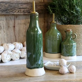 Olivieră din ceramică antichizată verde, pentru oțet cu dozator metalic auriu, 27,5×7,5 cm, „Mireille"