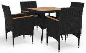 vidaXL Set mobilier grădină, 5 piese, negru, poliratan și lemn masiv.