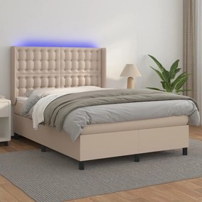 vidaXL Pat cu arcuri, cu saltea și LED cappuccino 140x190 cm piele eco