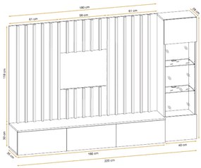 Set mobila living, suspendata, prindere perete, cu riflaj inclus, usi deschidere prin apasare, vitrina cu led, stejar  negru mat riflaj, 220 cm