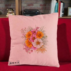 Perna Decorativa Buchet Cosmos Portocaliu Roz si Alb, 40x40 cm, Roz, Husa Detasabila, Perna Inclusa, BEKZ®