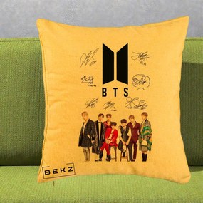 Perna Personalizata K-pop BTS Semnaturi Foto, 40x40 cm, Galben, Husa Detasabila, Perna Inclusa, BEKZ®
