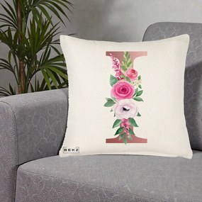 Cadou Personalizat - Perna Personalizata Monograma Rose Gold Litera I, 40x40 cm, Crem Reliefat, Husa Detasabila, Perna Inclusa, BEKZ®