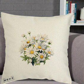 Perna Decorativa Buchet Margarete Albe Acuarela, 40x40 cm, Ecru, Husa Detasabila, Perna Inclusa, BEKZ®